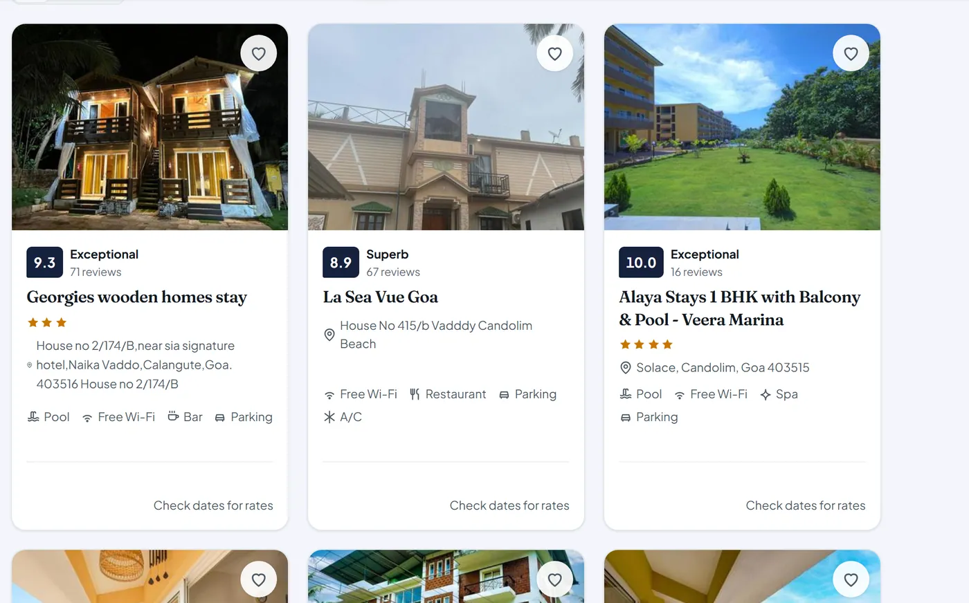 roamveo hotel listing for Goa showing hotel cards with guest ratings, review counts and amenities