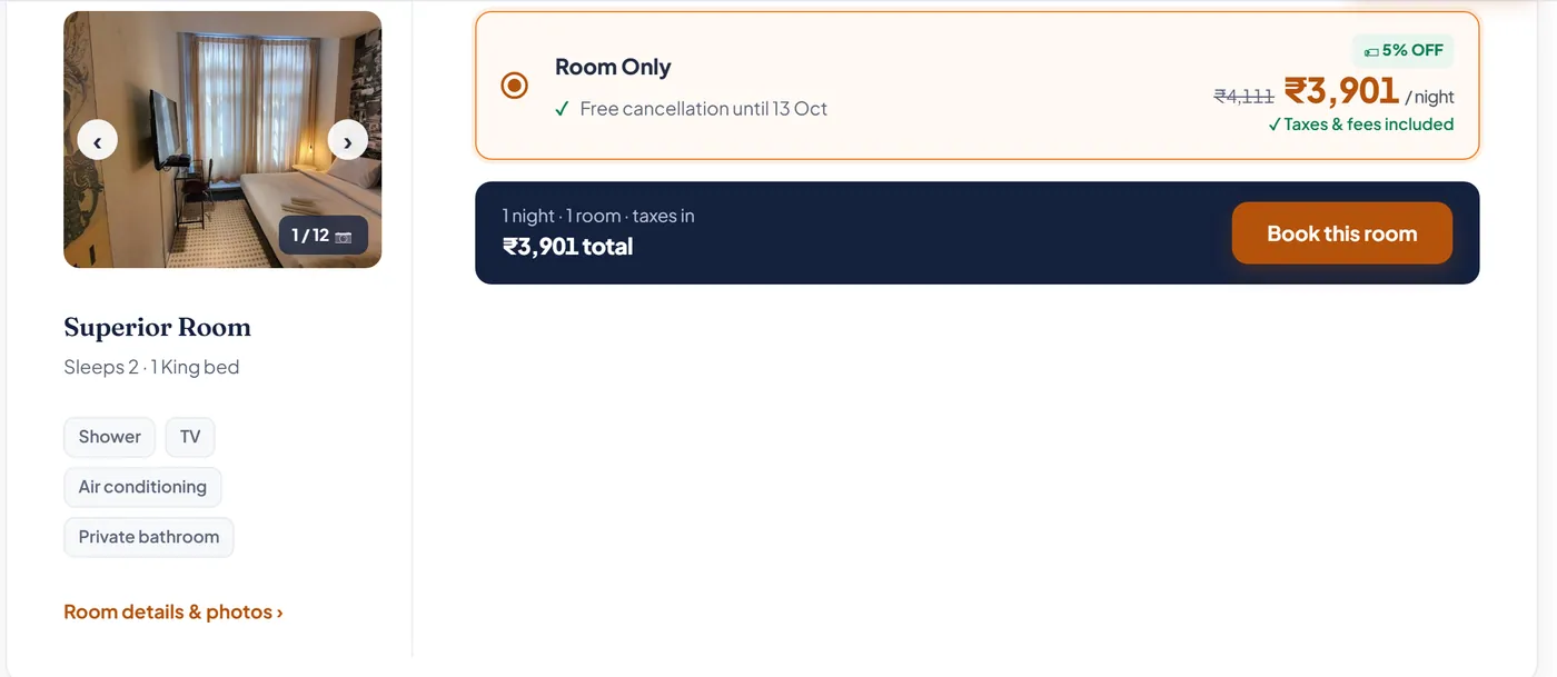 roamveo hotel page showing a room with its live nightly rate, cancellation terms and a book button