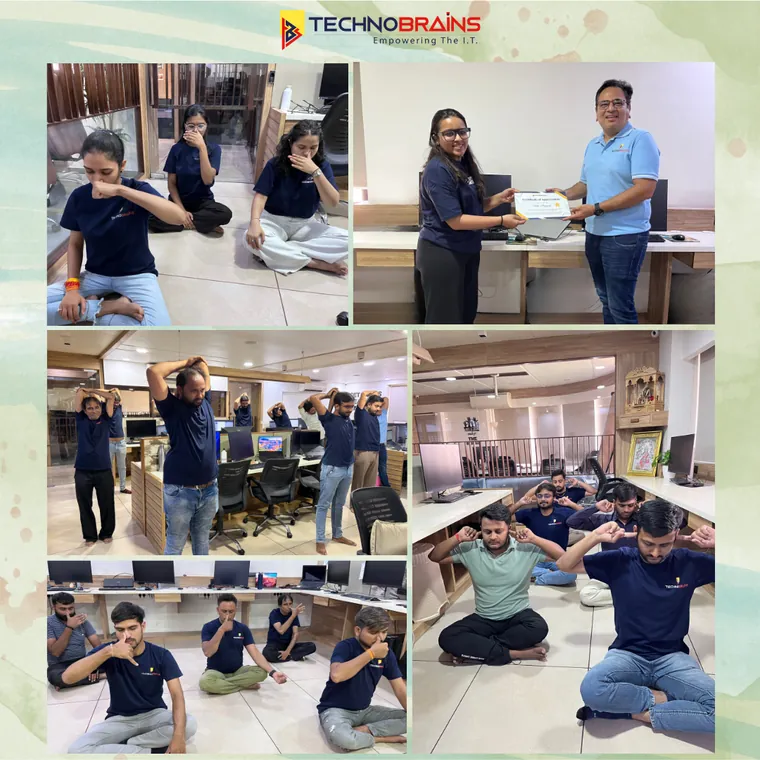 Collage of the TechnoBrains team doing yoga in the office on International Yoga Day