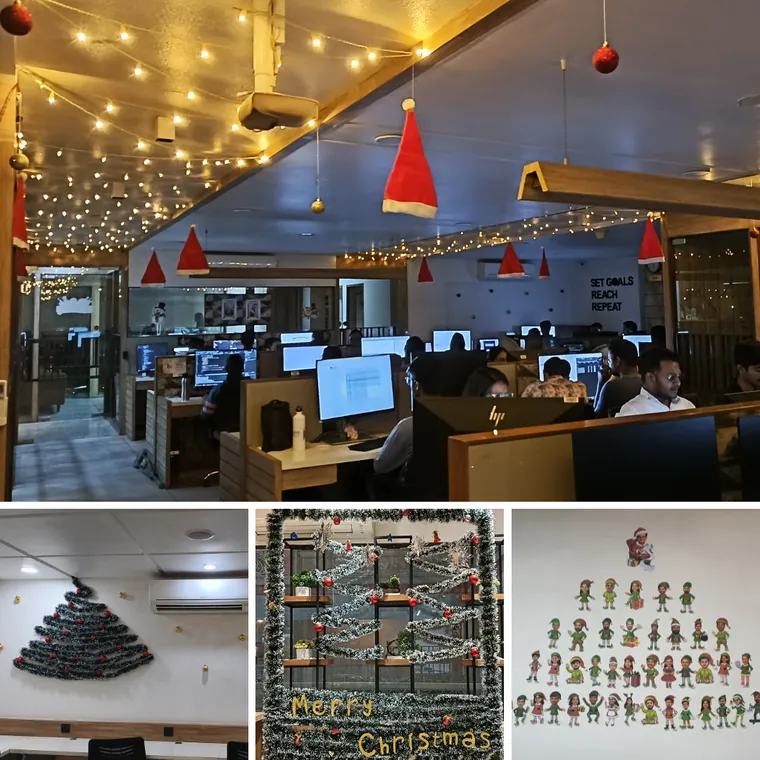 Collage of the TechnoBrains office decorated for Christmas