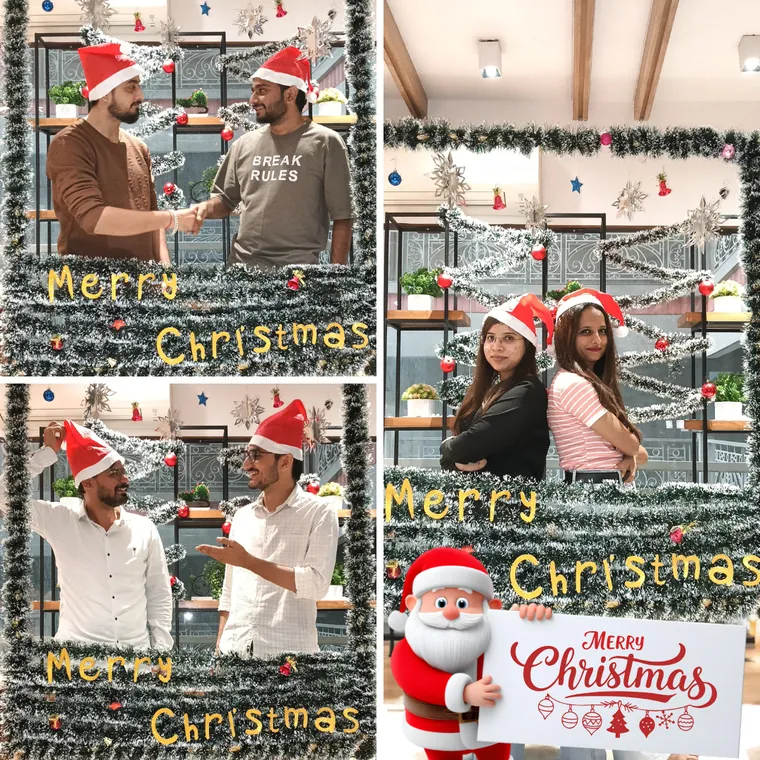 Collage of TechnoBrains team members in Santa hats at the Christmas celebration