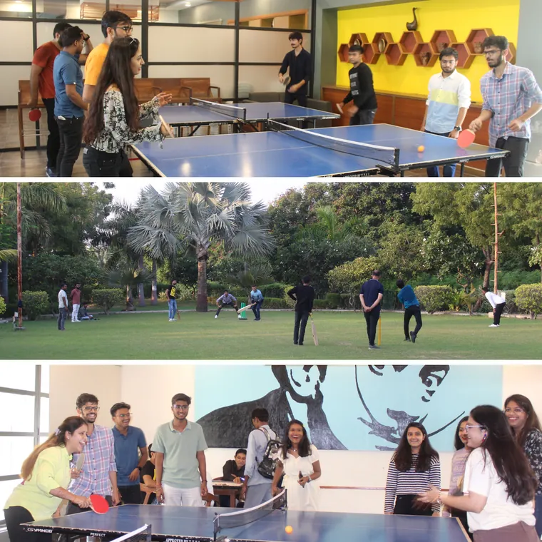 Collage of TechnoBrains team members playing table tennis and lawn games